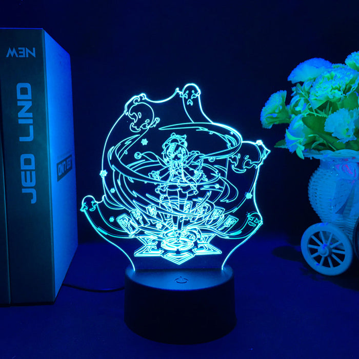 Genshin Impact Desktop Night Light: bright blue, black anime-style girl character, anime, cartoon, neon line art style