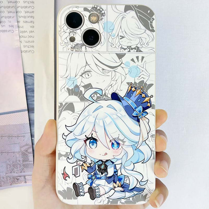 Genshin Impact Furina Phone Cases: clear/transparent, white anime-style blue-haired girl character, kawaii anime cartoon styl