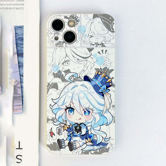 Genshin Impact Furina Phone Cases: clear/transparent, white anime-style blue-haired girl character, kawaii anime cartoon styl