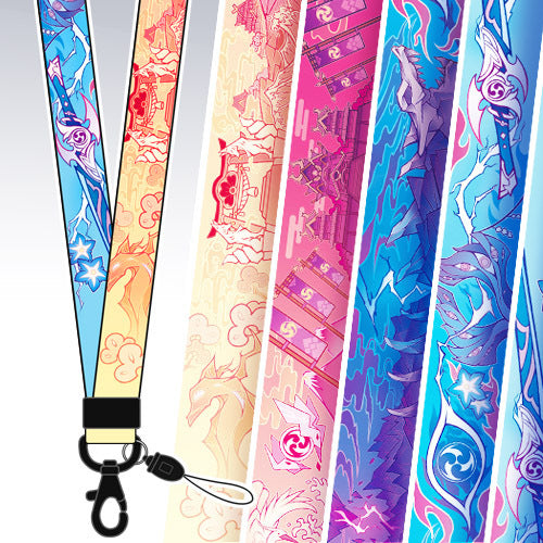 Genshin Impact Lanyard Necklace with 3 Nations: blue, cyan stylized fantasy/cartoon characters and decorative symbols, colorf
