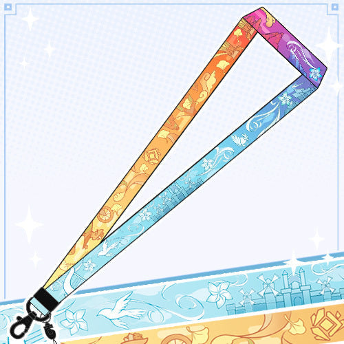 Genshin Impact Lanyard Necklace with 3 Nations: blue, cyan stylized fantasy/cartoon characters and decorative symbols, colorf