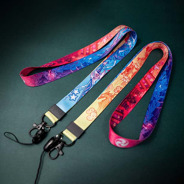 Genshin Impact Lanyard Necklace with 3 Nations: blue, cyan stylized fantasy/cartoon characters and decorative symbols, colorf