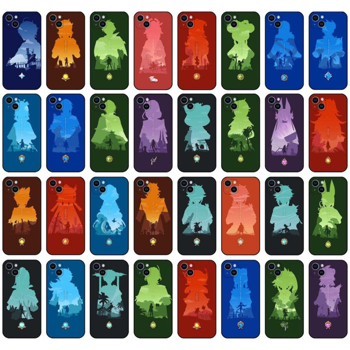 Genshin Impact Phone Case Collection featuring Silhouette Arts: navy blue, brown anime-style character silhouettes, cartoon