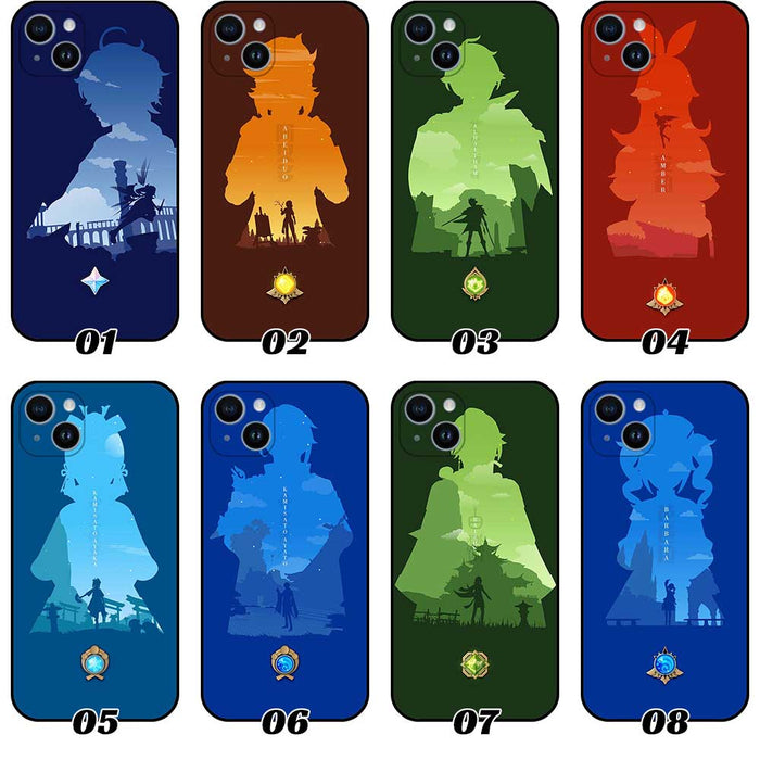 Genshin Impact Phone Case Collection featuring Silhouette Arts: navy blue, brown anime-style character silhouettes, cartoon