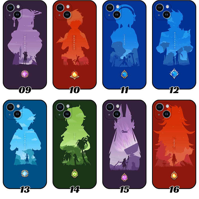 Genshin Impact Phone Case Collection featuring Silhouette Arts: navy blue, brown anime-style character silhouettes, cartoon