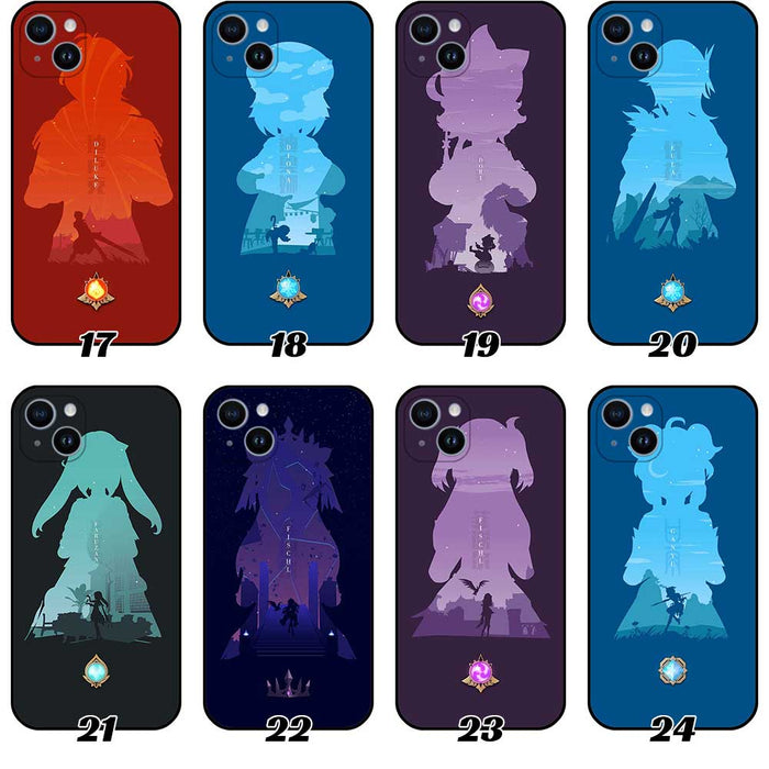 Genshin Impact Phone Case Collection featuring Silhouette Arts: navy blue, brown anime-style character silhouettes, cartoon