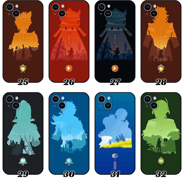 Genshin Impact Phone Case Collection featuring Silhouette Arts: navy blue, brown anime-style character silhouettes, cartoon