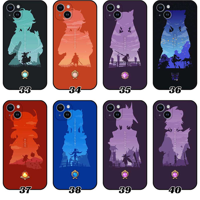 Genshin Impact Phone Case Collection featuring Silhouette Arts: navy blue, brown anime-style character silhouettes, cartoon