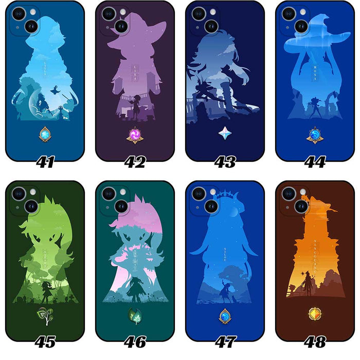 Genshin Impact Phone Case Collection featuring Silhouette Arts: navy blue, brown anime-style character silhouettes, cartoon