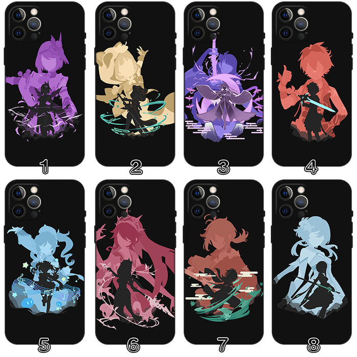 Genshin Impact Phone Case Collection: black, purple anime-style fantasy characters, anime, cartoon, high-contrast graphic sty