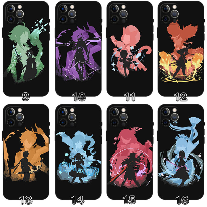 Genshin Impact Phone Case Collection: black, purple anime-style fantasy characters, anime, cartoon, high-contrast graphic sty