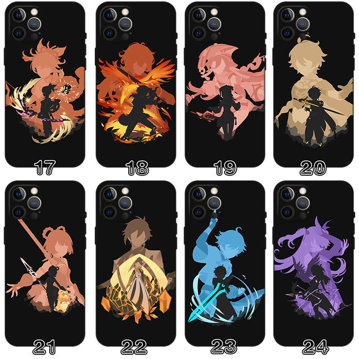 Genshin Impact Phone Case Collection: black, purple anime-style fantasy characters, anime, cartoon, high-contrast graphic sty