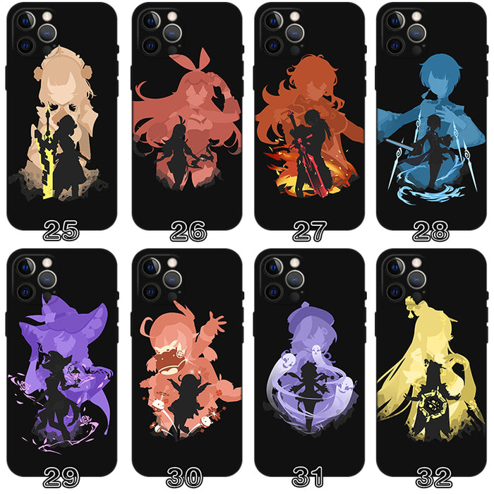 Genshin Impact Phone Case Collection: black, purple anime-style fantasy characters, anime, cartoon, high-contrast graphic sty