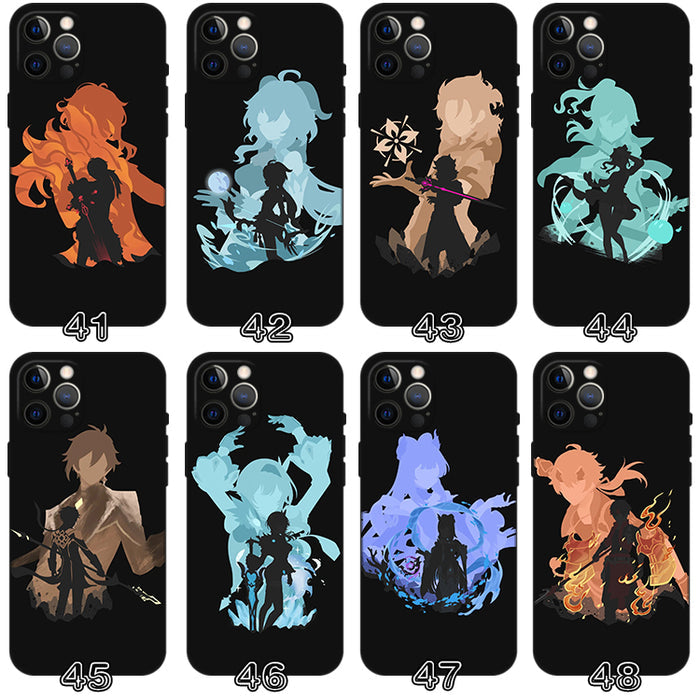 Genshin Impact Phone Case Collection: black, purple anime-style fantasy characters, anime, cartoon, high-contrast graphic sty