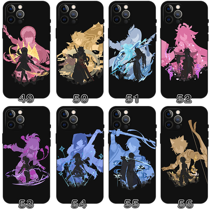 Genshin Impact Phone Case Collection: black, purple anime-style fantasy characters, anime, cartoon, high-contrast graphic sty