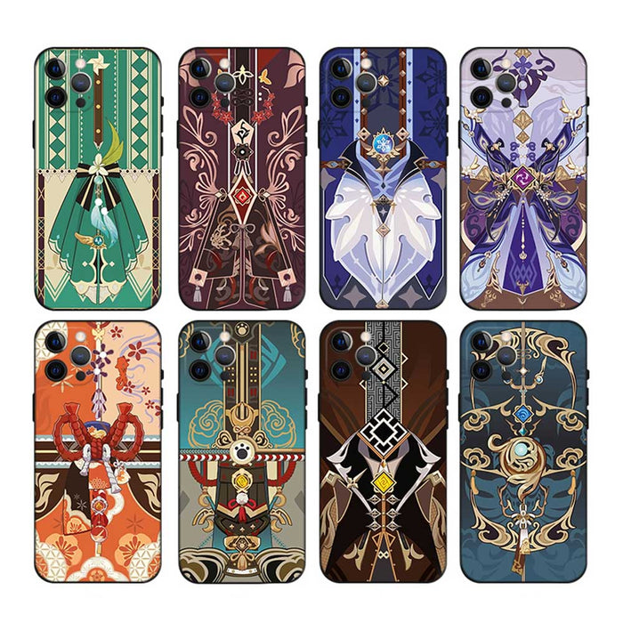 Genshin Impact Phone Cases, Multiple Designs: green, teal ornate fantasy-inspired character/costume motifs, ornate fantasy ca