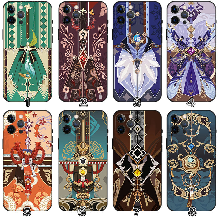 Genshin Impact Phone Cases, Multiple Designs: green, teal ornate fantasy-inspired character/costume motifs, ornate fantasy ca
