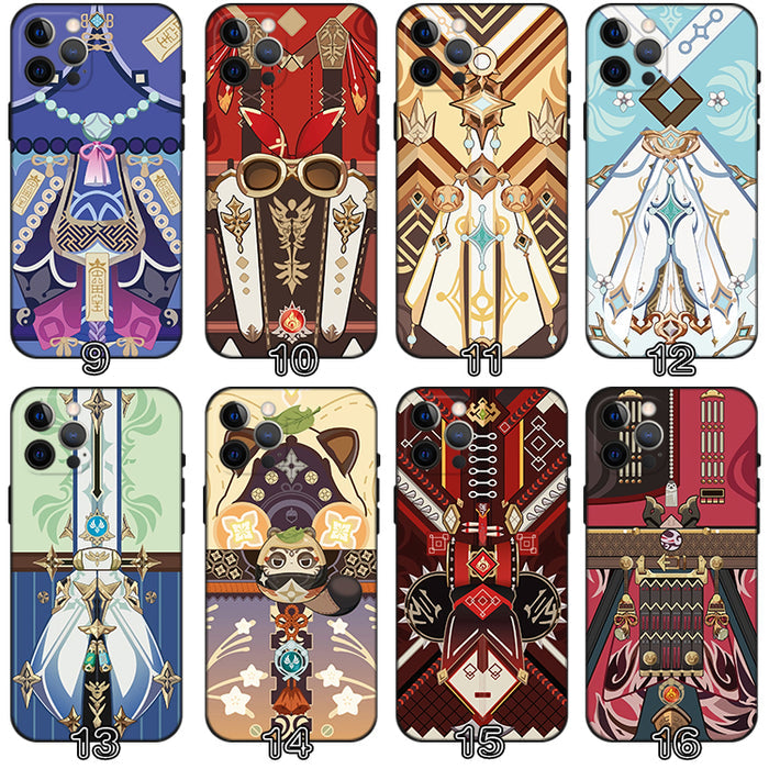 Genshin Impact Phone Cases, Multiple Designs: green, teal ornate fantasy-inspired character/costume motifs, ornate fantasy ca