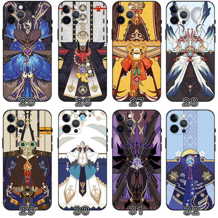 Genshin Impact Phone Cases, Multiple Designs: green, teal ornate fantasy-inspired character/costume motifs, ornate fantasy ca