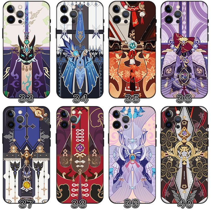 Genshin Impact Phone Cases, Multiple Designs: green, teal ornate fantasy-inspired character/costume motifs, ornate fantasy ca