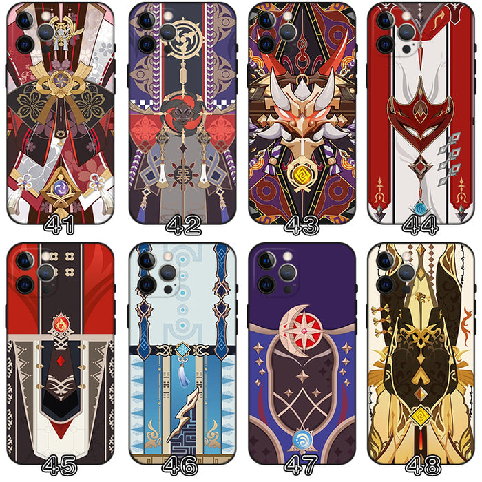 Genshin Impact Phone Cases, Multiple Designs: green, teal ornate fantasy-inspired character/costume motifs, ornate fantasy ca