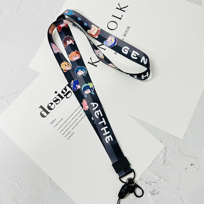 Genshin Impact Phone Lanyards with Art: blue, white anime-style characters, cartoon anime style