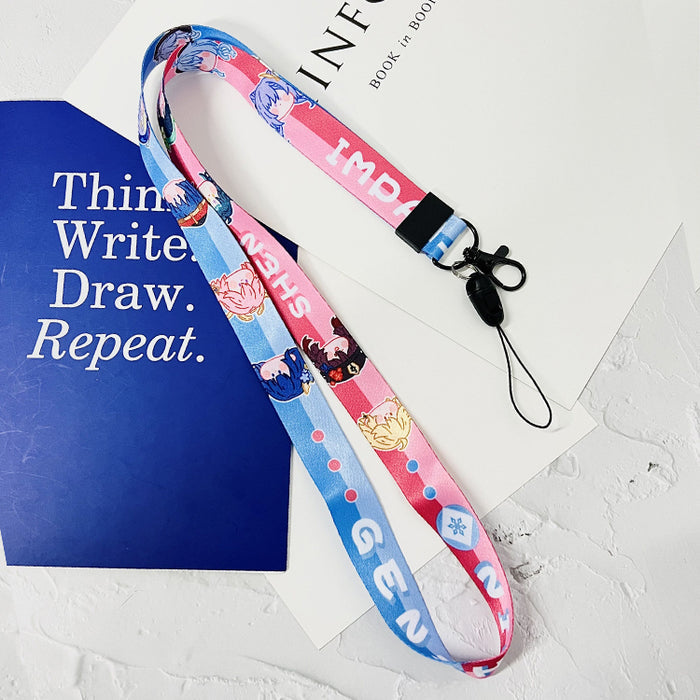 Genshin Impact Phone Lanyards with Art: blue, white anime-style characters, cartoon anime style