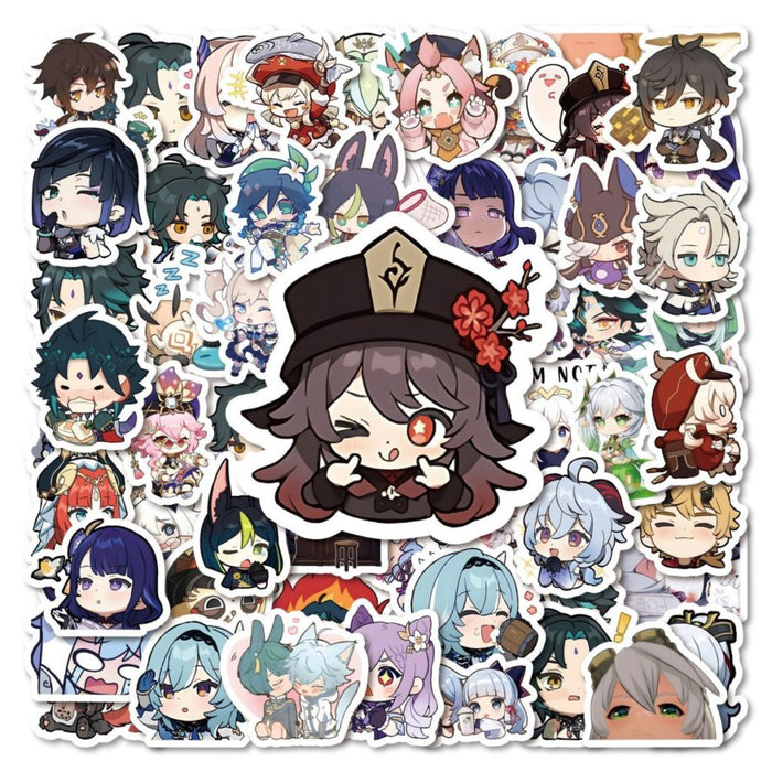 Genshin Impact PVC Stickers, Customizable!: multicolor, teal anime-style game characters, kawaii chibi cartoon style