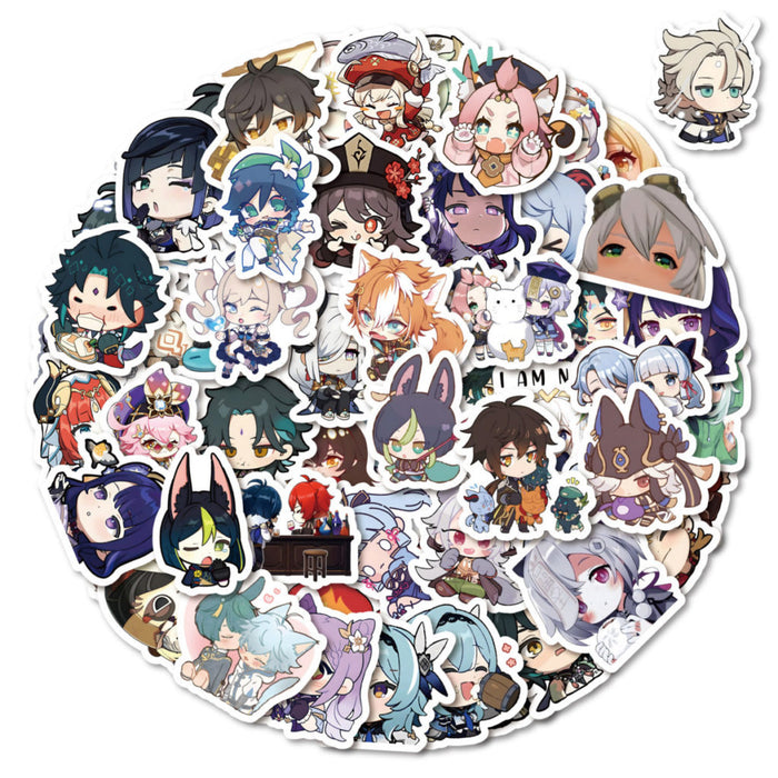 Genshin Impact PVC Stickers, Customizable!: multicolor, teal anime-style game characters, kawaii chibi cartoon style