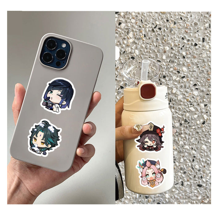 Genshin Impact PVC Stickers, Customizable!: multicolor, teal anime-style game characters, kawaii chibi cartoon style
