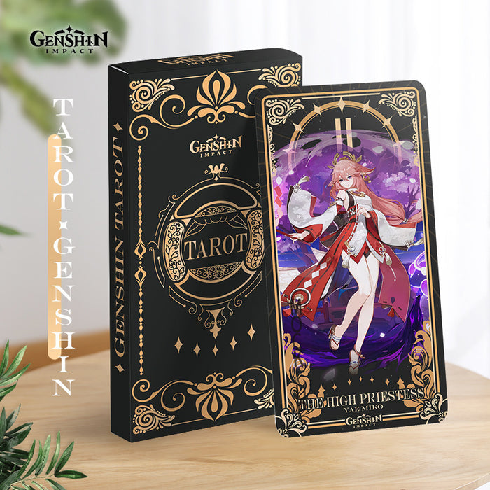 Genshin Impact Tarot Card Set: black, gold Genshin Impact character Yae Miko, ornate fantasy anime/cartoon style