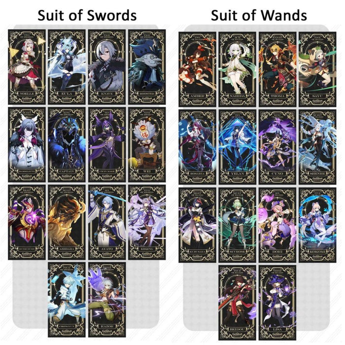 Genshin Impact Tarot Card Set: black, gold Genshin Impact characters, anime fantasy, ornate style