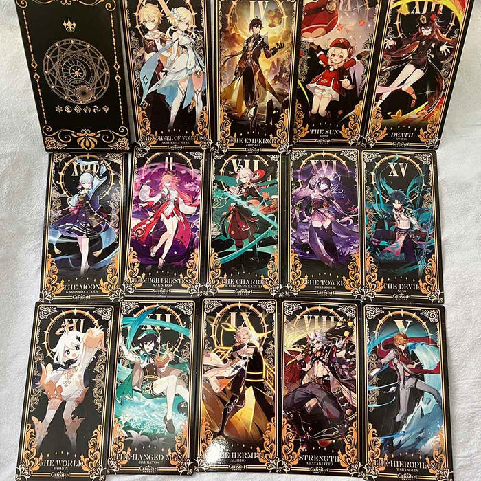 Genshin Impact Tarot Card Set: black, gold Genshin Impact character Yae Miko, ornate fantasy anime/cartoon style