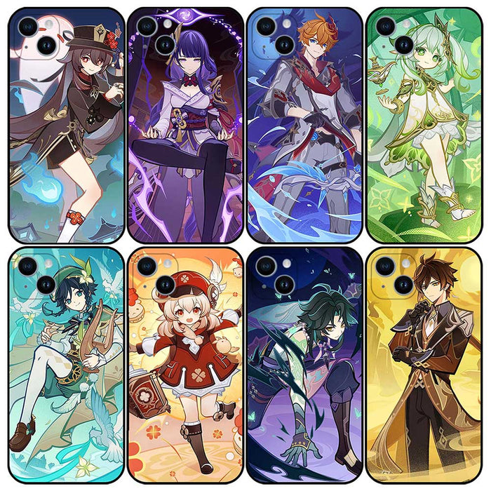 Genshin Impact TCG Phone Case: black, purple anime-style fantasy game characters, anime, cartoon, fantasy game art style