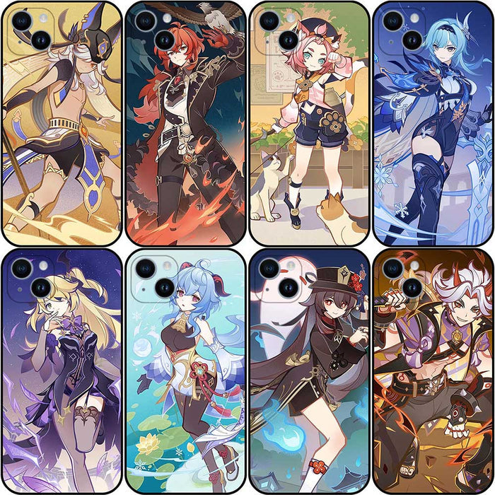 Genshin Impact TCG Phone Case: black, purple anime-style fantasy game characters, anime, cartoon, fantasy game art style