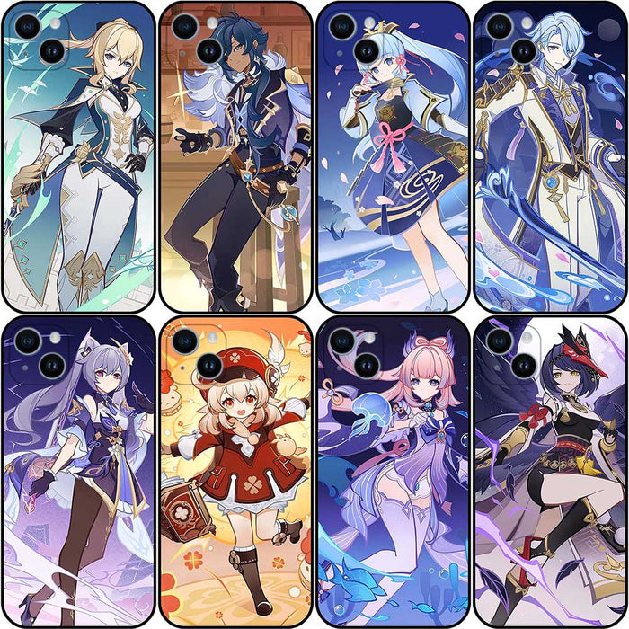 Genshin Impact TCG Phone Case: black, purple anime-style fantasy game characters, anime, cartoon, fantasy game art style