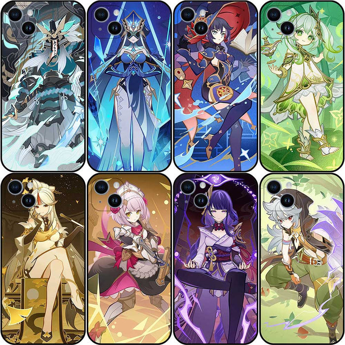 Genshin Impact TCG Phone Case: black, purple anime-style fantasy game characters, anime, cartoon, fantasy game art style