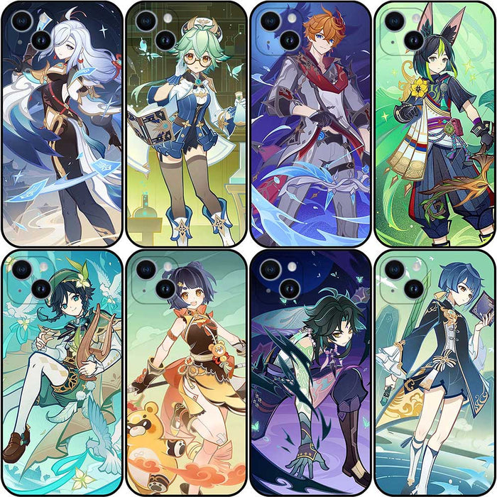 Genshin Impact TCG Phone Case: black, purple anime-style fantasy game characters, anime, cartoon, fantasy game art style