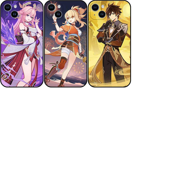 Genshin Impact TCG Phone Case: black, purple anime-style fantasy game characters, anime, cartoon, fantasy game art style