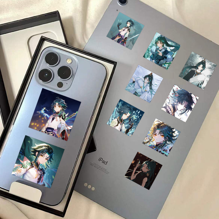 Genshin Impact Xiao Stickers: Stylish and Waterproof: teal, green anime-style fantasy characters, anime, fantasy, illustrated