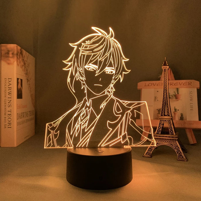 Genshin Impact Zhongli LED Lamp: warm white, black anime-style male character, anime, line art, minimalist style