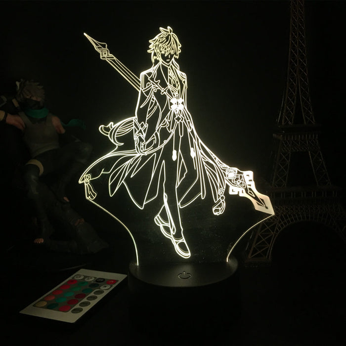 Genshin Impact Zhongli LED Lamp: warm white, black anime-style male character, anime, line art, minimalist style
