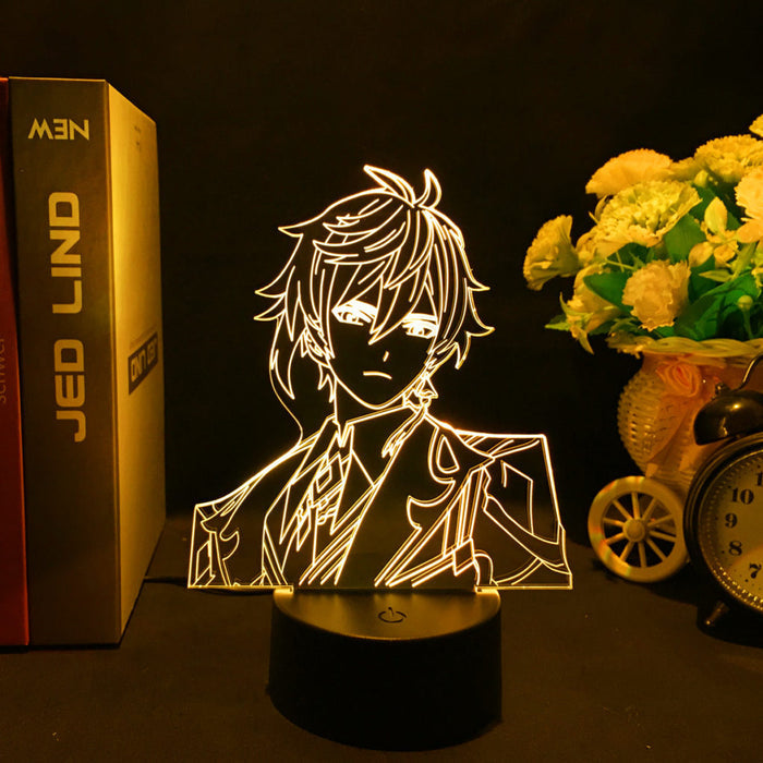 Genshin Impact Zhongli LED Lamp: warm white, black anime-style male character, anime, line art, minimalist style