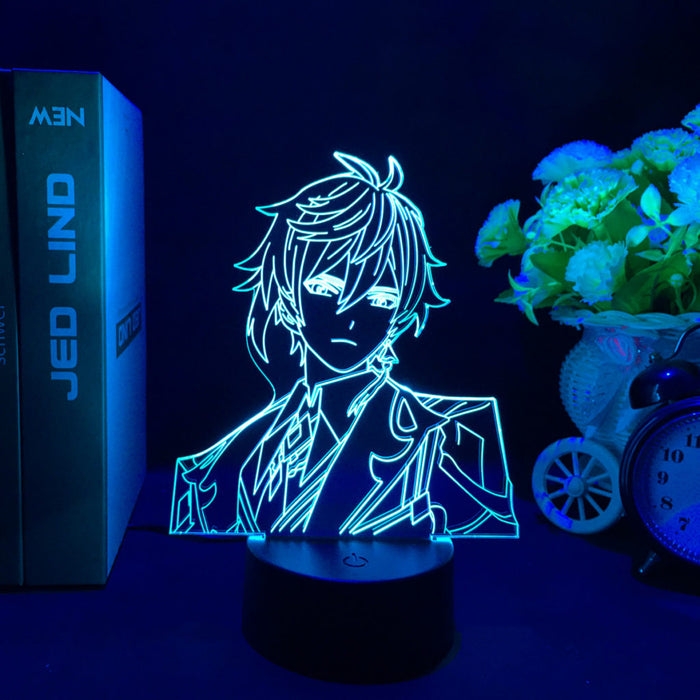 Genshin Impact Zhongli LED Lamp: warm white, black anime-style male character, anime, line art, minimalist style