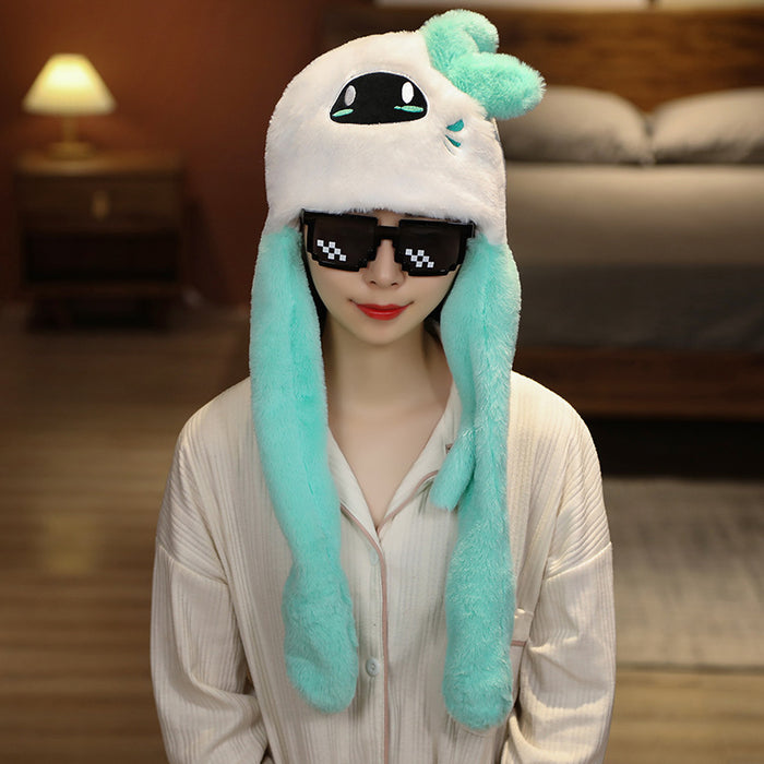 Genshin Venti Hat with Moving Ears: white, mint green cartoon robot-like character face, kawaii cartoon style