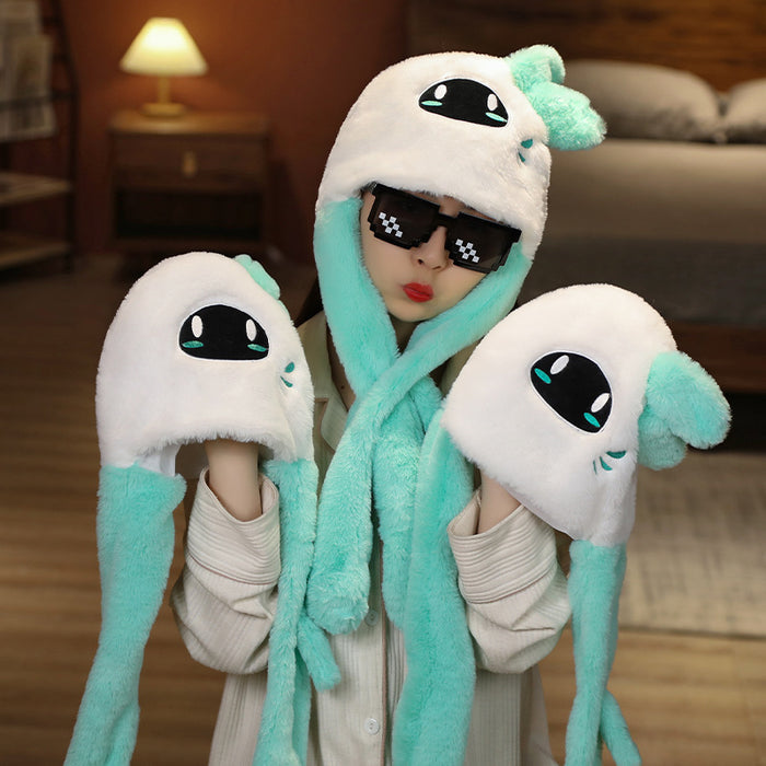 Genshin Venti Hat with Moving Ears: white, mint green cartoon robot-like character face, kawaii cartoon style