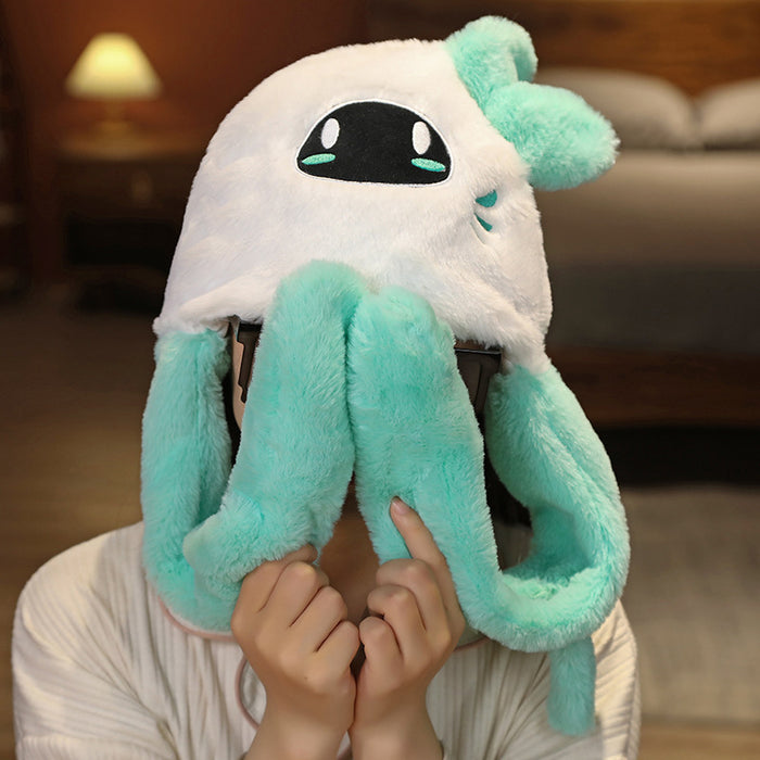 Genshin Venti Hat with Moving Ears: white, mint green cartoon robot-like character face, kawaii cartoon style