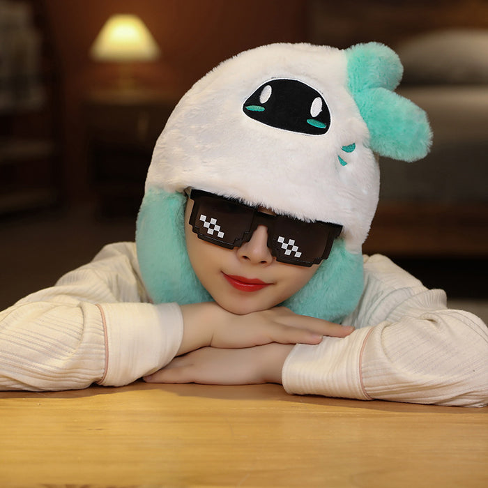 Genshin Venti Hat with Moving Ears: white, mint green cartoon robot-like character face, kawaii cartoon style