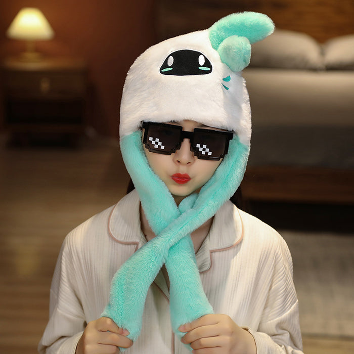 Genshin Venti Hat with Moving Ears: white, mint green cartoon robot-like character face, kawaii cartoon style