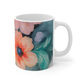 Gentle Blue Floral Patterned Mug: white, teal floral design, painterly floral style
